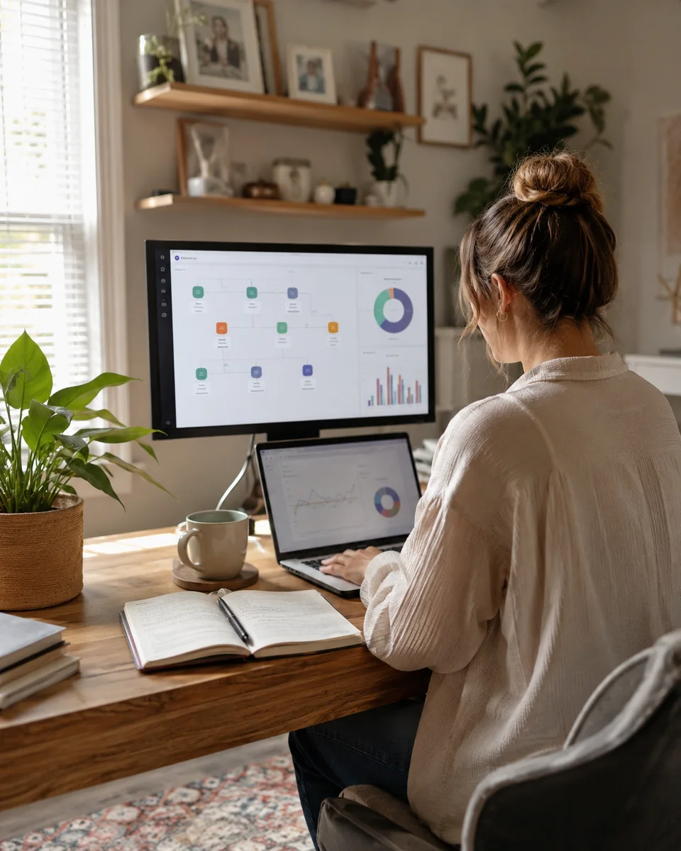 Marketing professional reviewing performance dashboards in a home office