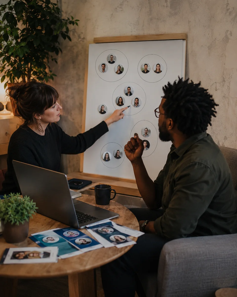 Brand team reviewing audience personas and visual direction together