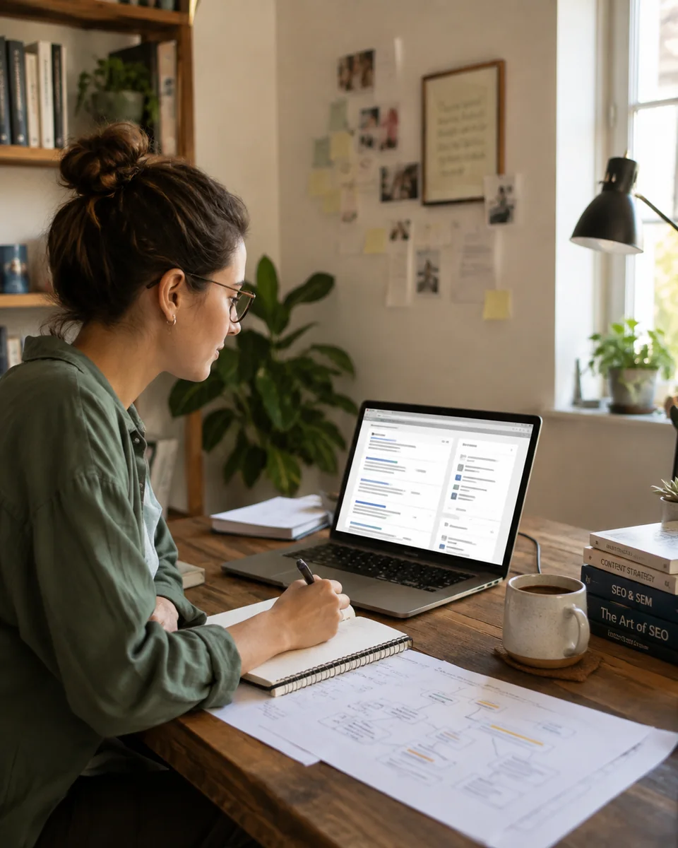Professional writing and organizing content at a desk with a laptop