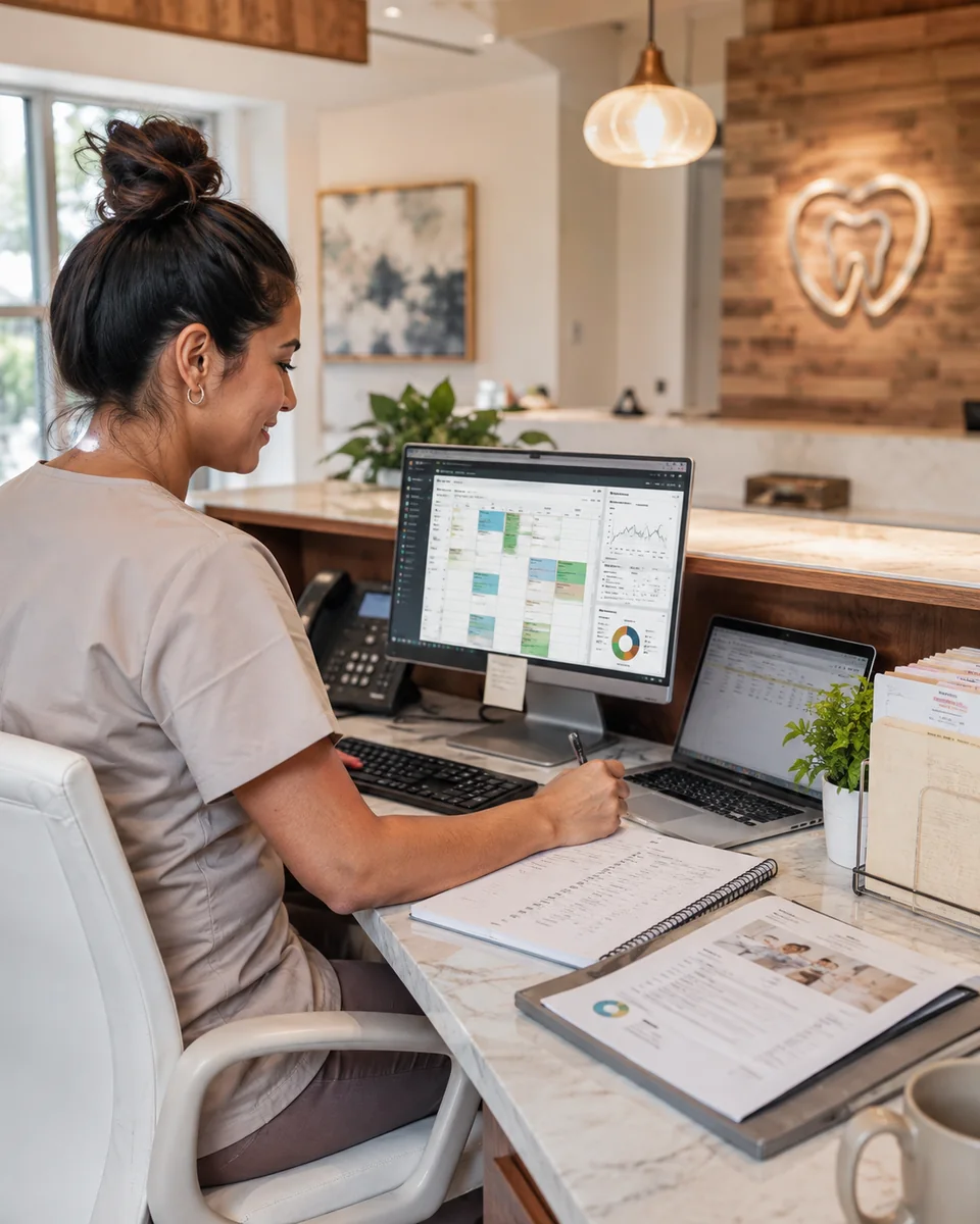 Dental office professional reviewing digital marketing activity at the front desk