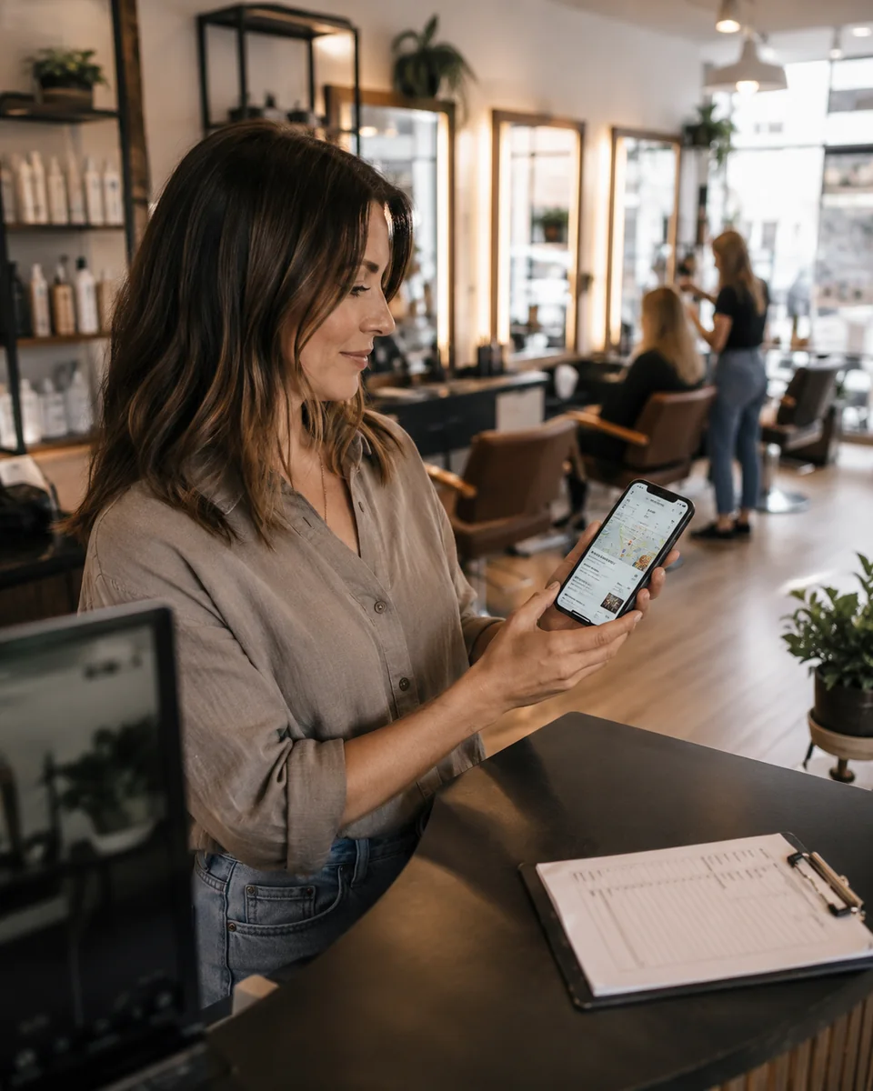 Hairstylist managing local business information from a phone inside a salon