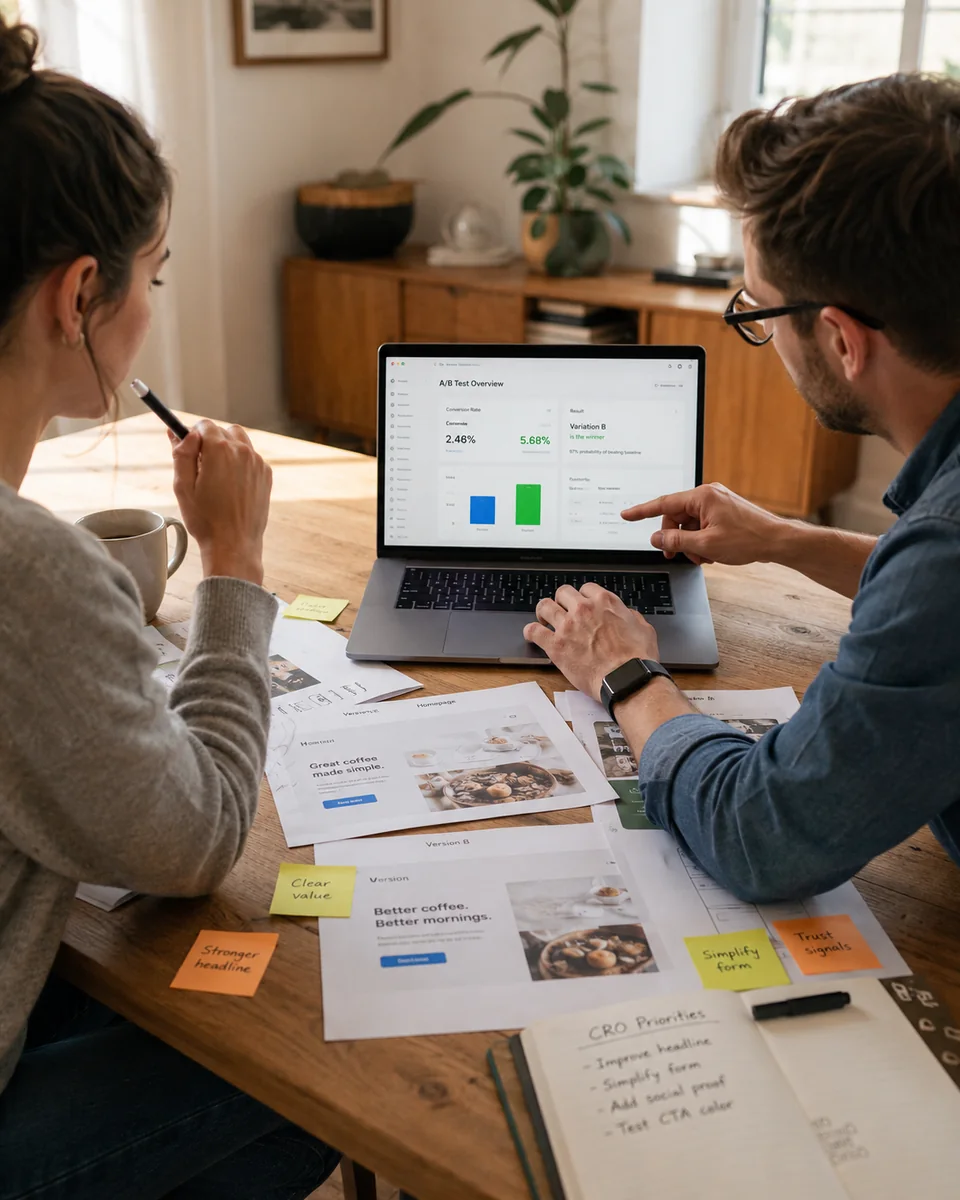 Marketing team reviewing page performance and conversion data around a worktable