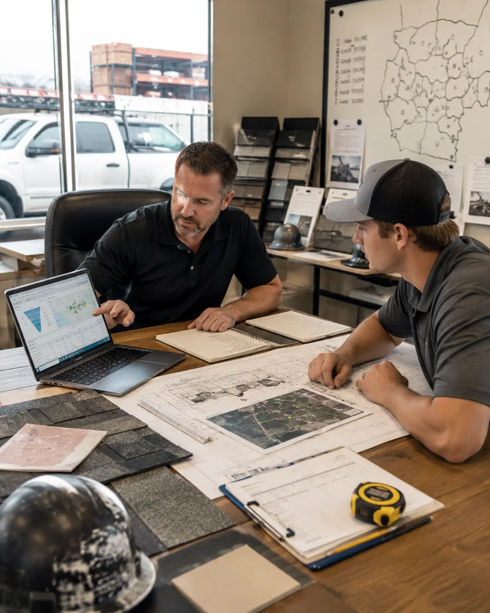 Roofing contractor reviewing leads and project information with a colleague