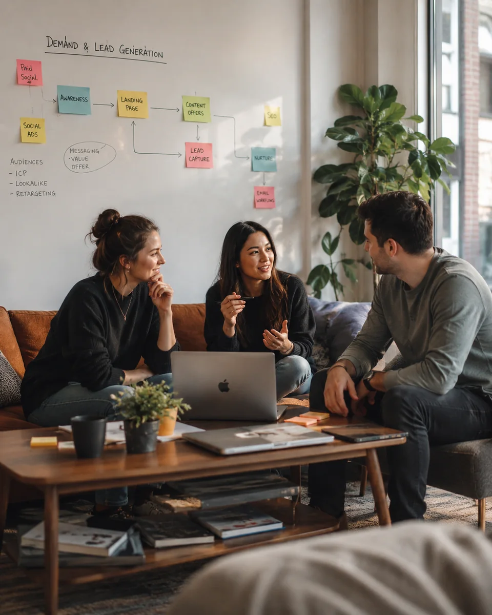 Small business team discussing a marketing plan in a relaxed working environment