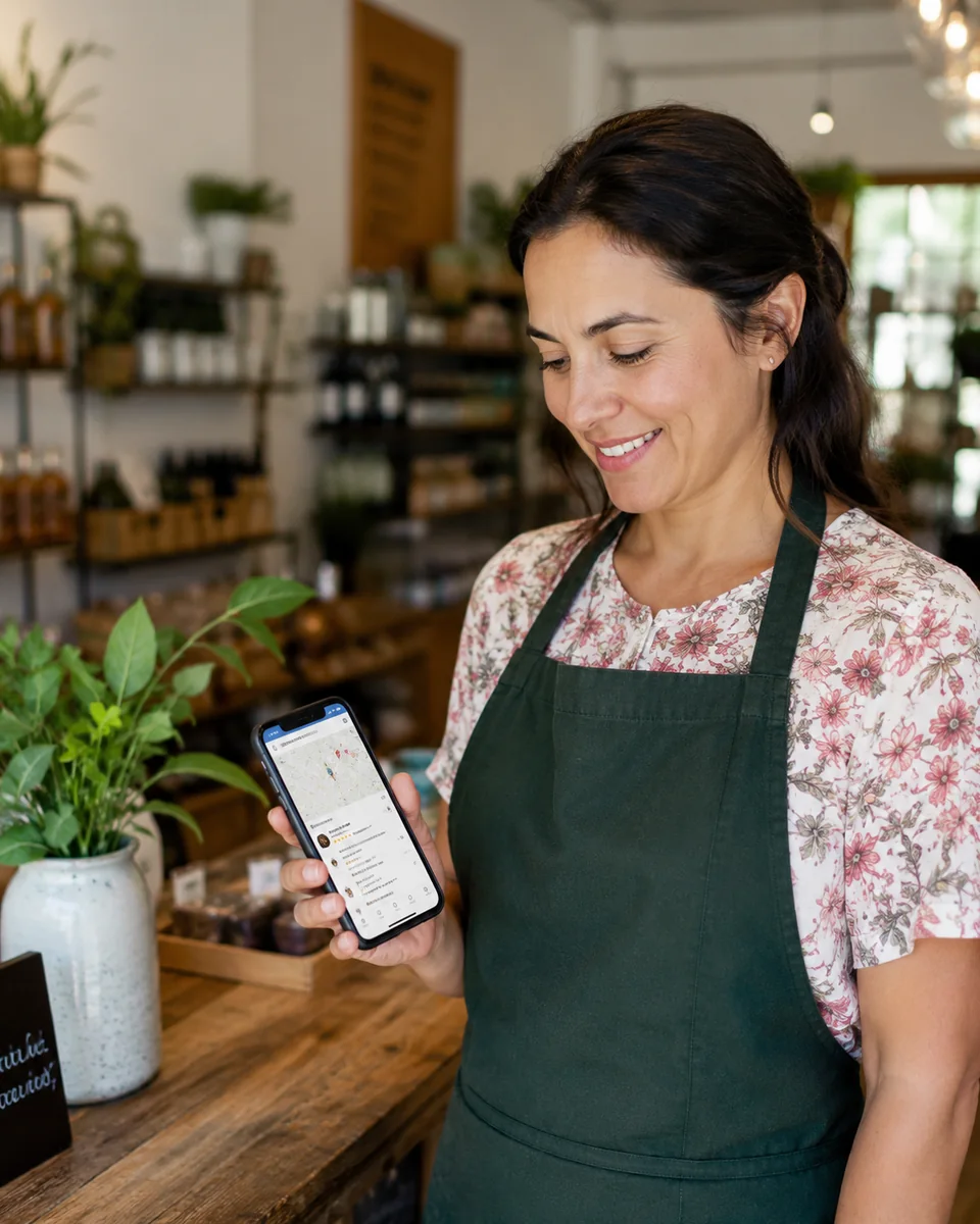 Small shop owner using a phone to manage her business presence