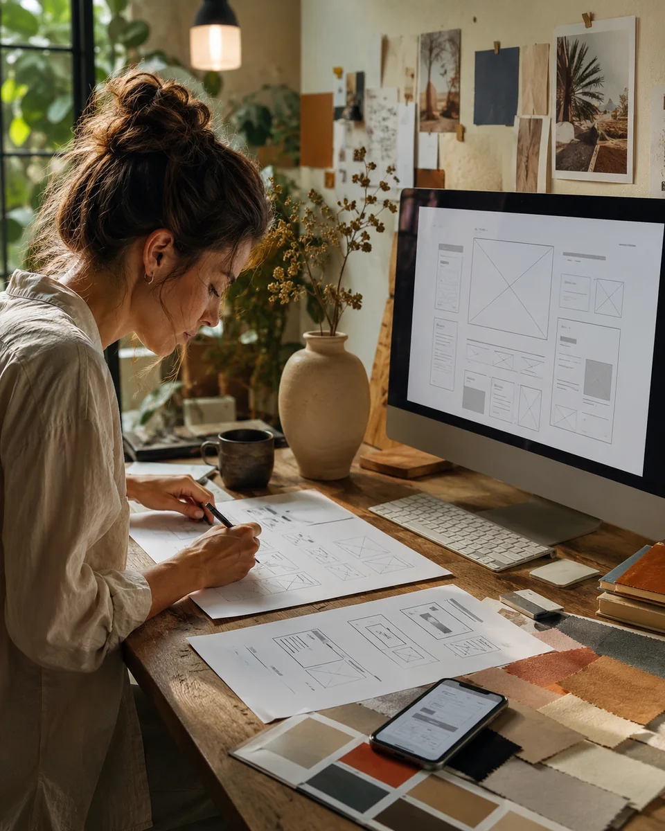 Designer planning a website at a desktop workstation in a comfortable studio